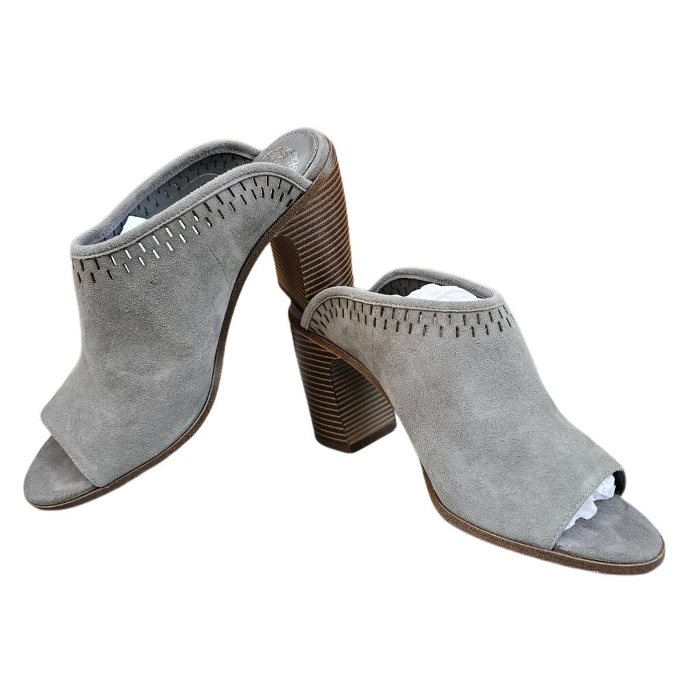 Vince Camuto Merlyna Suede Mules Gray Peep Toe Block Heel Sandals Sz 10